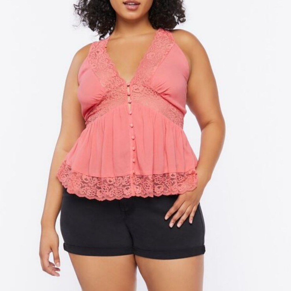 Forever 21+ - A woven top featuring lace trim, plunging V-neckline, front butto